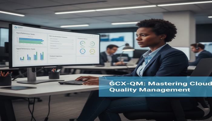 GCX-QM: Mastering Cloud Quality Management A professional analyzing a Genesys Cloud CX Quality Management dashboard with performance metrics and evaluation forms, demonstrating expertise in managing contact center quality and achieving the GCX-QM certification.