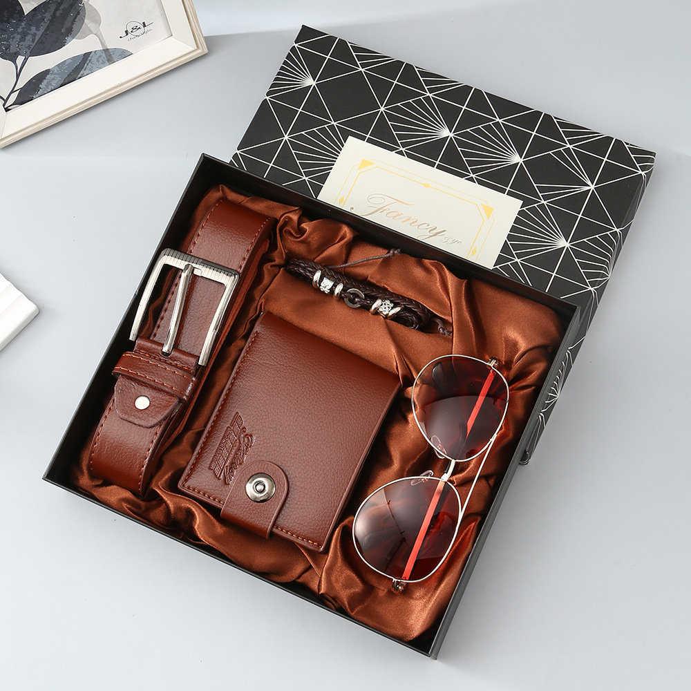 Brown 4-Piece Men's Gift Set - Leather Wallet, Belt, Sunglasses & Bracelet in Luxury Gift Box - Perfect for Father's Day, Birthday, Christmas, Valentine's Day, Anniversary, Graduation, Retirement - Stylish & Practical Gift for Him