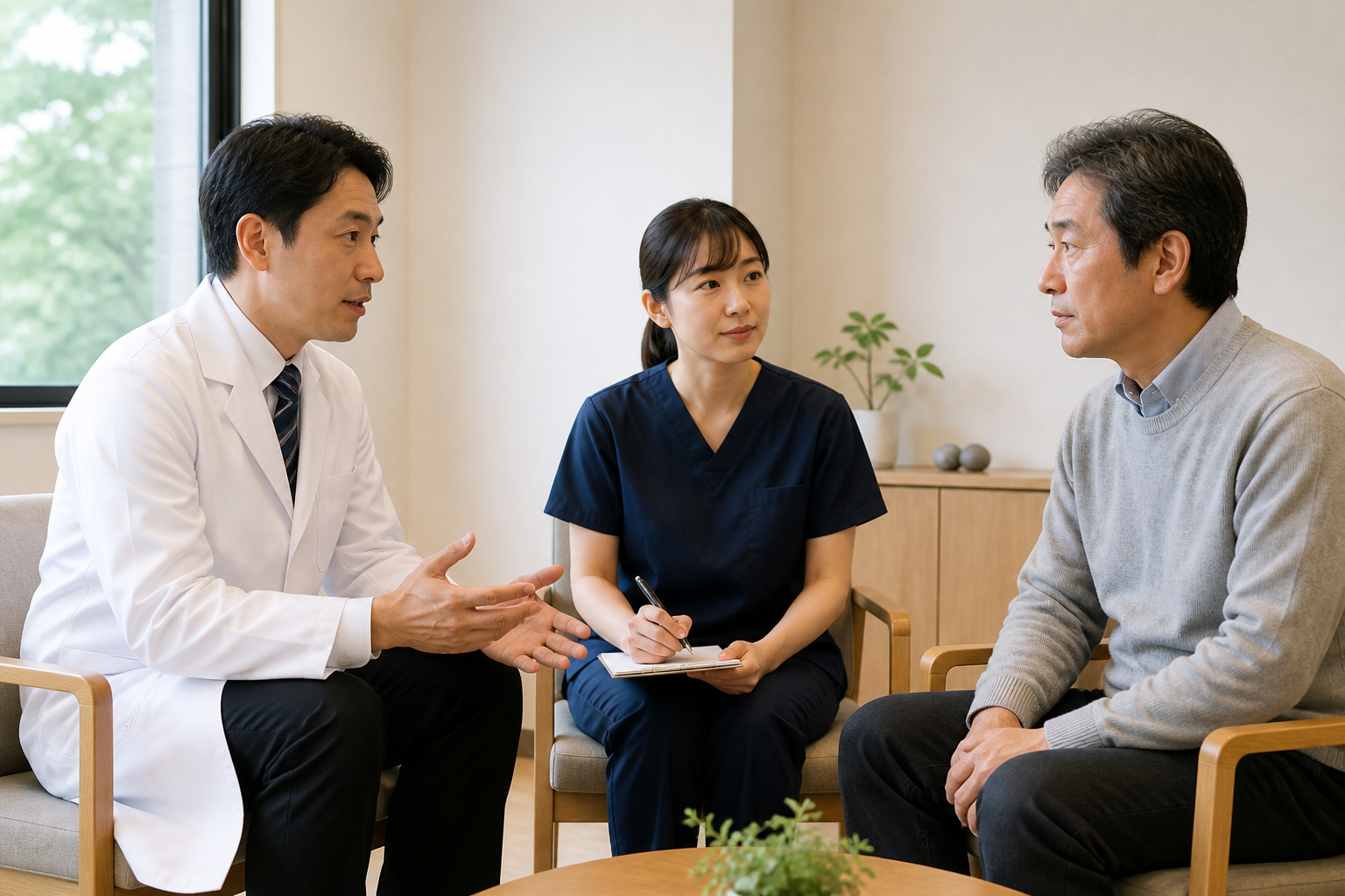 多発性硬化症の排尿症状について医師とリハビリ専門職に相談する様子