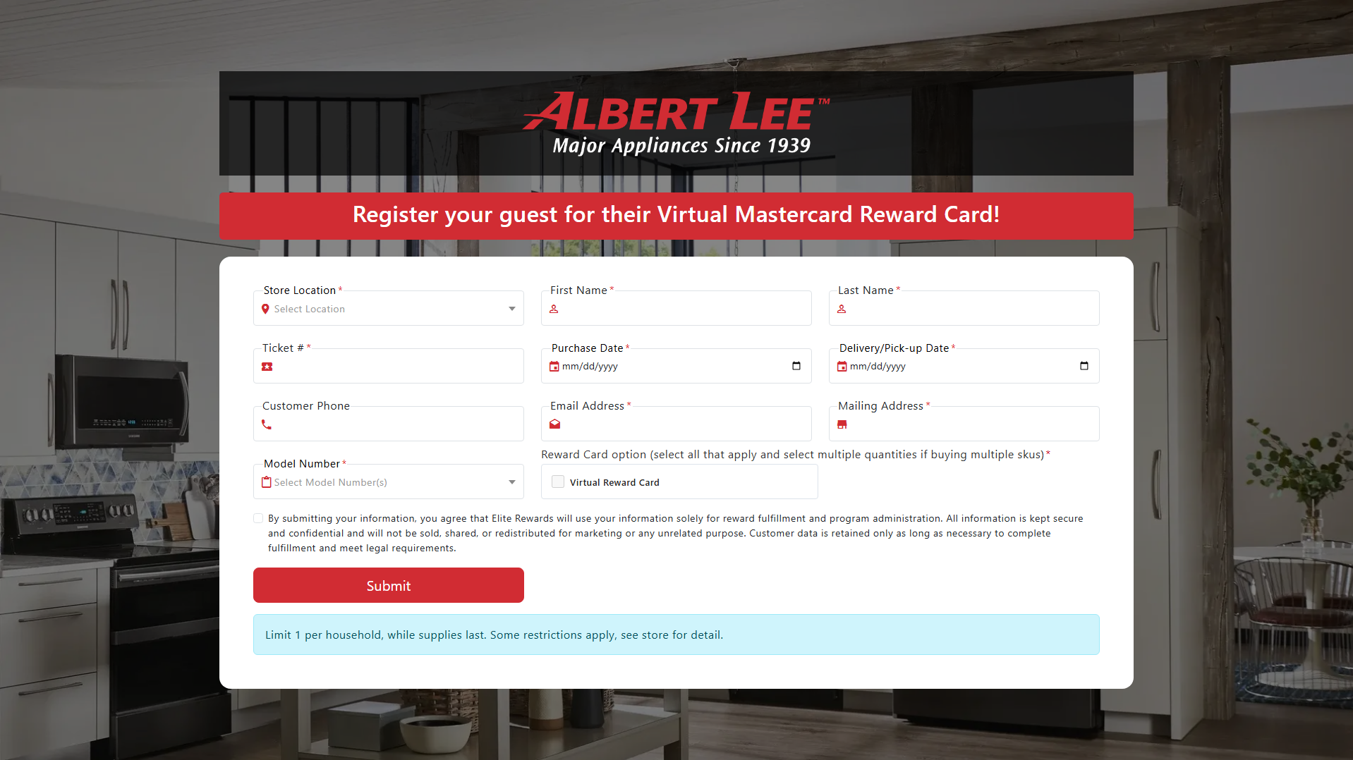 Forensic screenshot of albertlee-rewards.com showing the phishing page layout