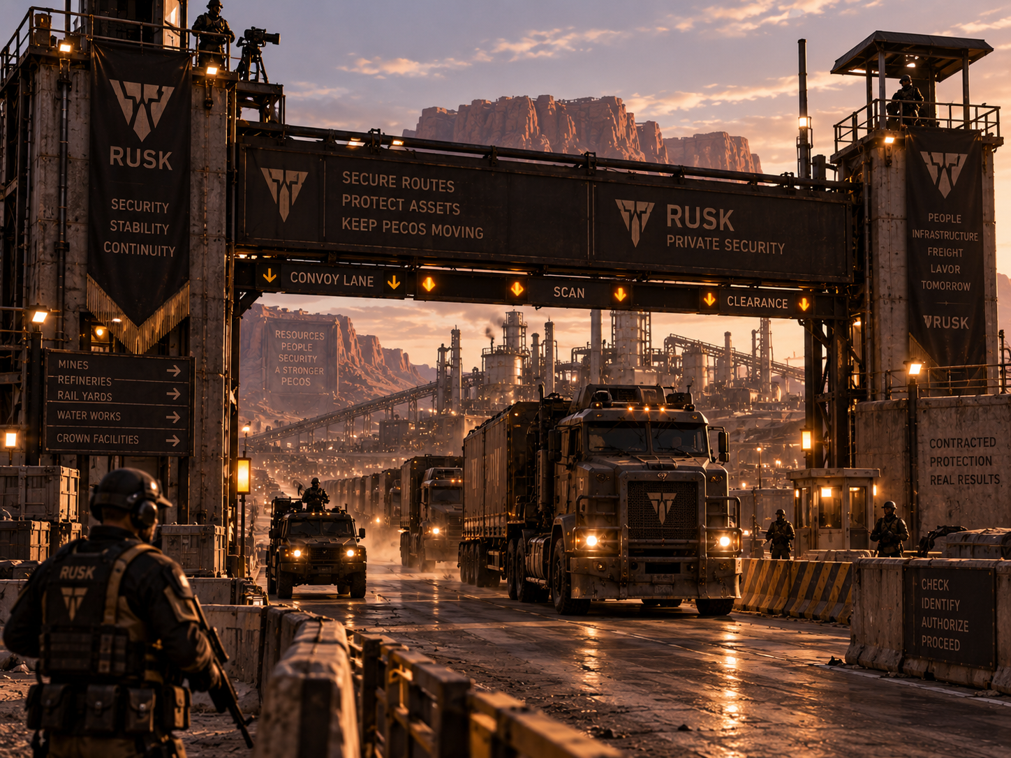 Private security convoy leaving a Pecos industrial zone with armored trucks, corporate guards, freight, scan checkpoints and desert infrastructure
