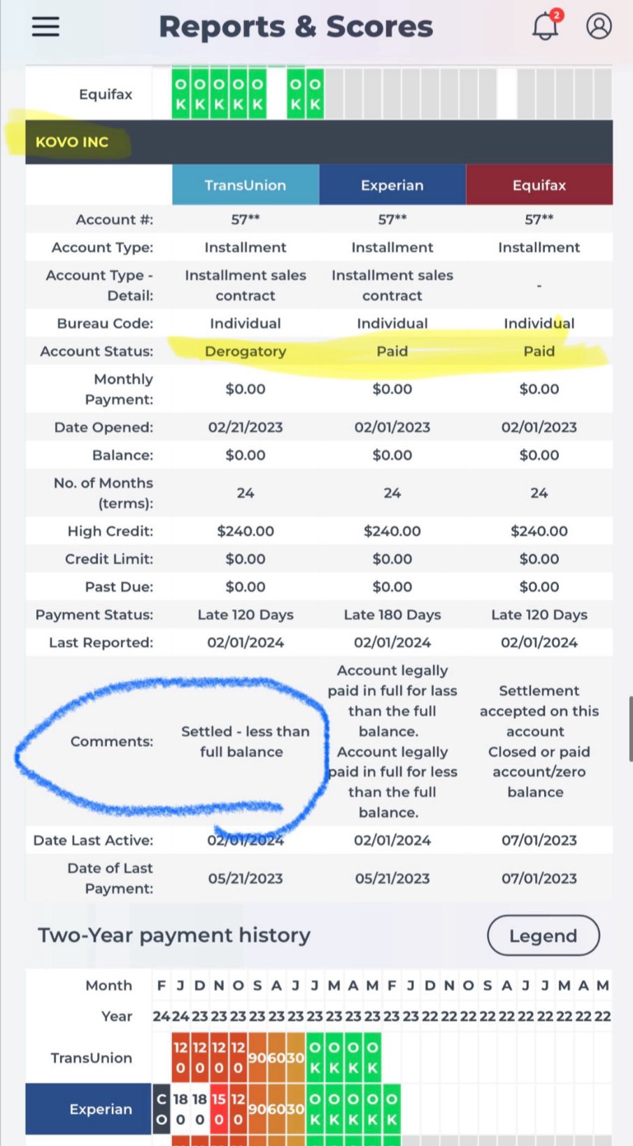 Settled for less than full balance example