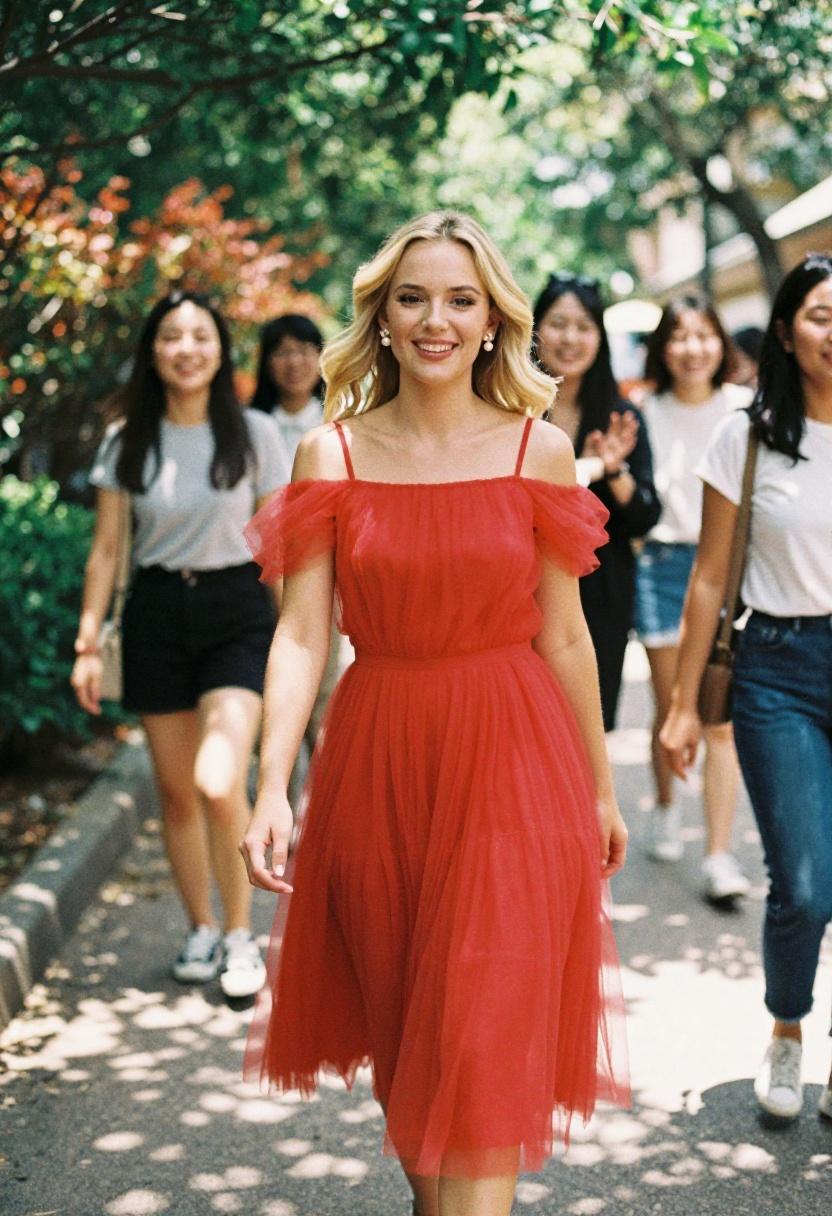 Cherry red off-shoulder tulle midi dress on a tree-lined outdoor path for a dreamy promposal walk
