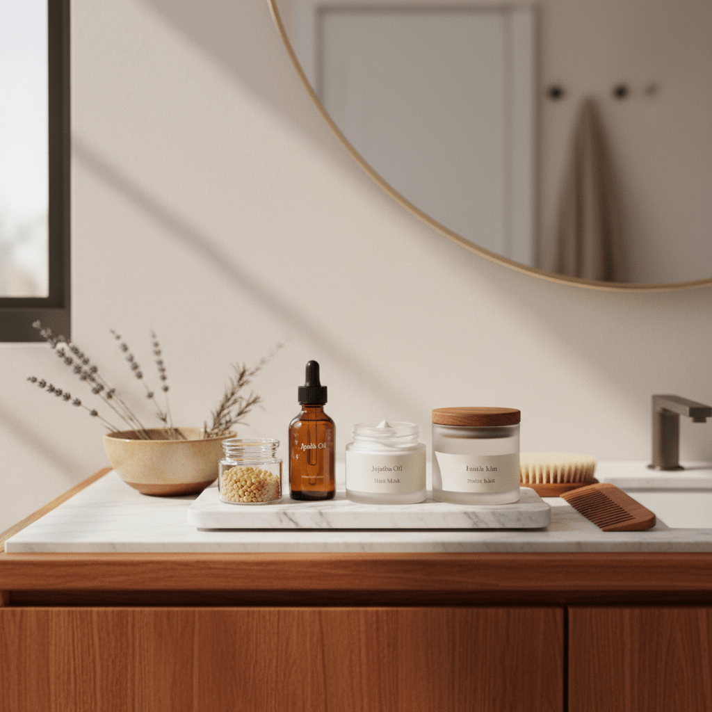 A clean bathroom vanity with beeswax pellets, jojoba oil, jars, and a hair styling setup