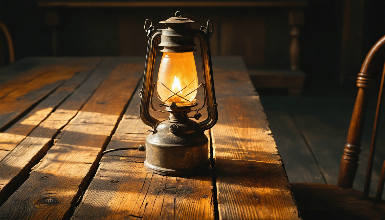 A single lit oil lamp on a worn wooden table in a dark room, its glow falling on the surface while everything beyond it stays in shadow.