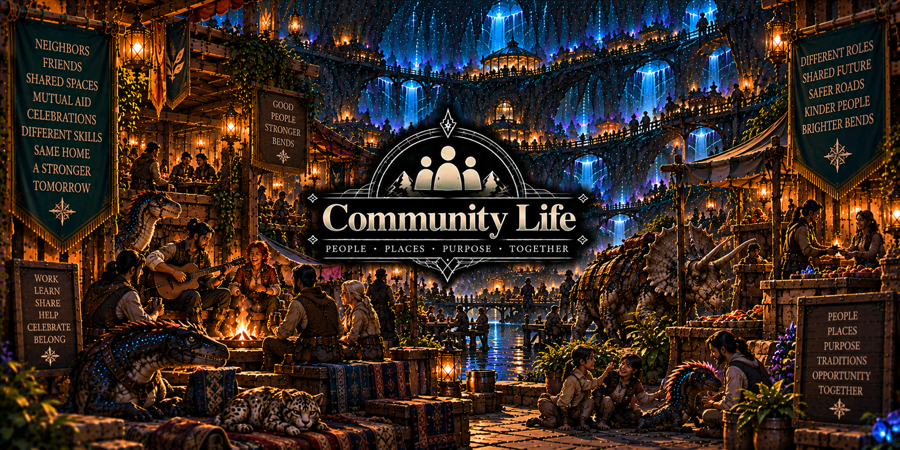 Community life shared across the glowing settlements of the Three Bends