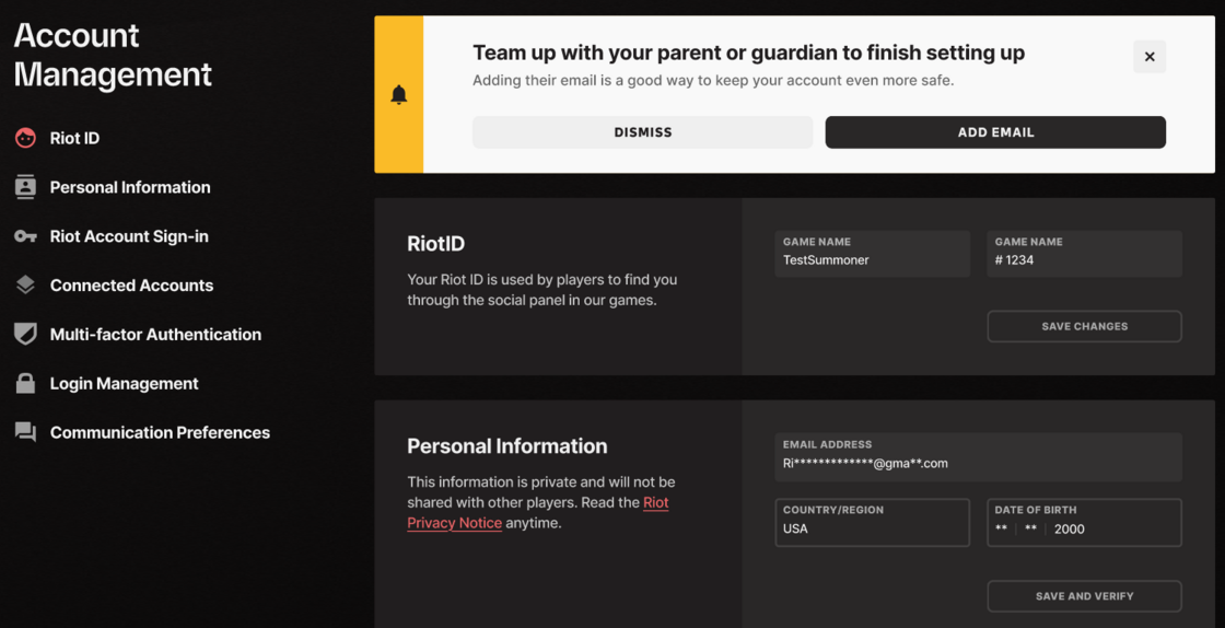 Riot Games account management page