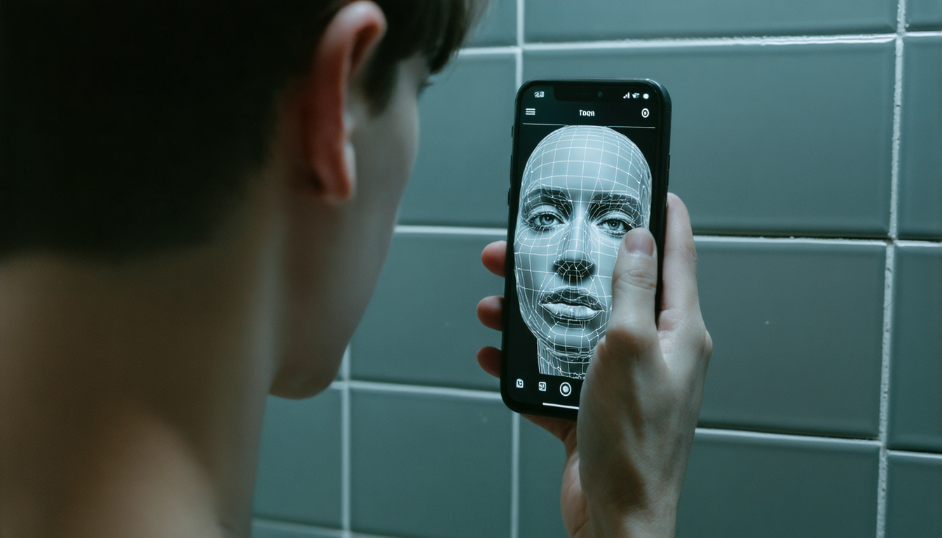 A teenage boy's hand holding a phone showing a face-measurement grid overlay, the screen reflected faintly in a bathroom mirror.