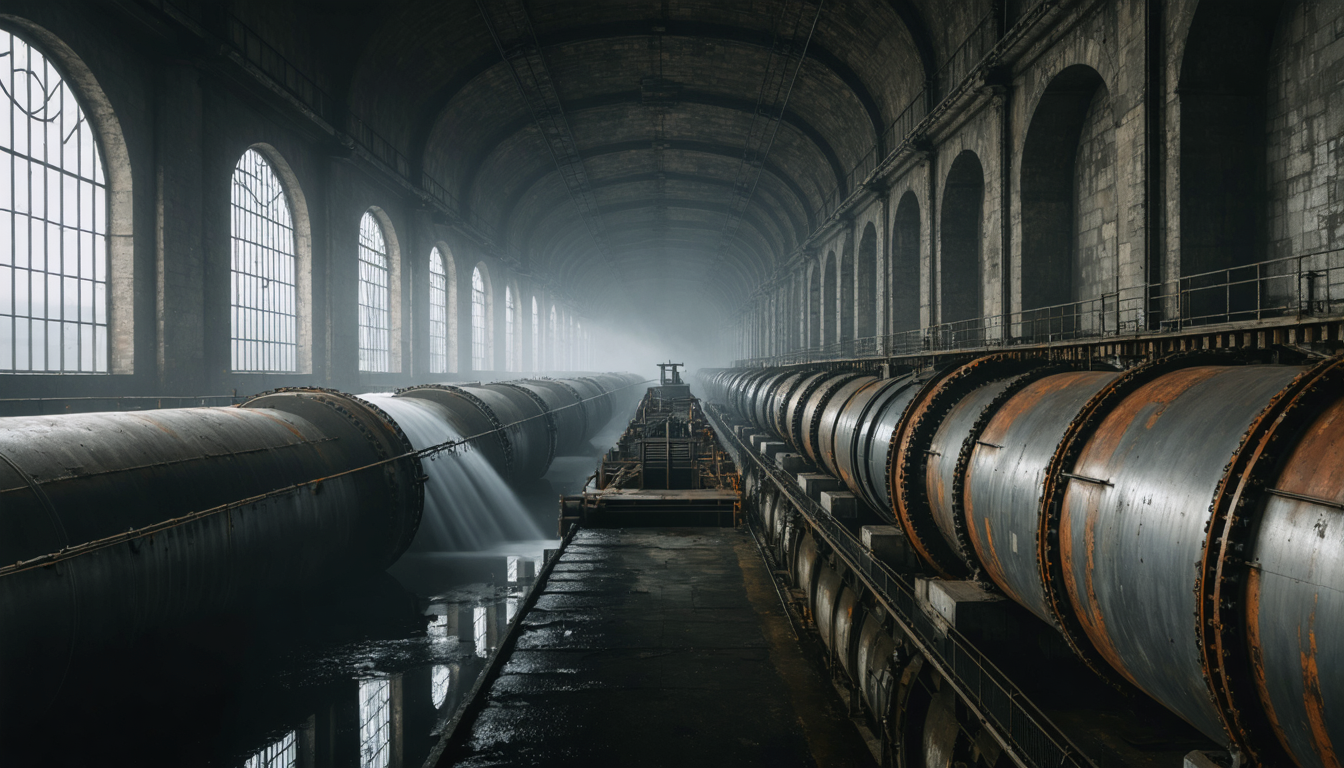 Interior of a vast early hydroelectric powerhouse with rows of large rotating generators, dim natural light from high windows, wet stone floor.