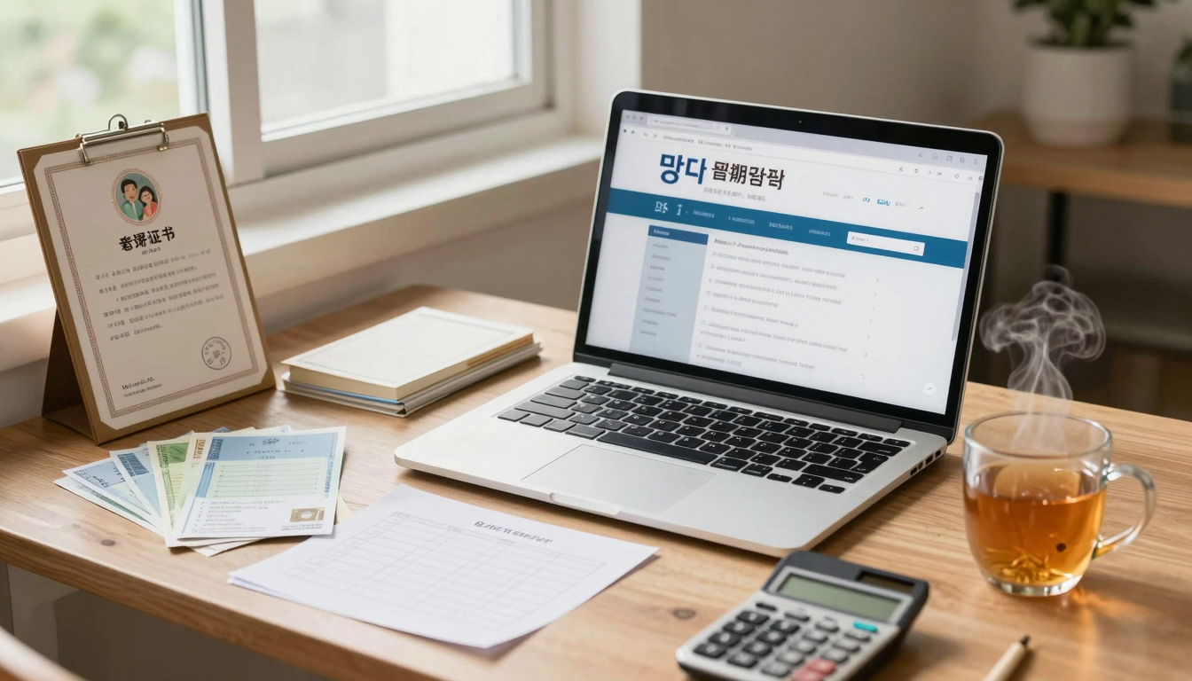 창가 책상 위 노트북에 지원금 신청 화면이 떠 있고 주변에 가족관계증명서, 은행 영수증, 체크리스트, 계산기, 보리차가 놓여