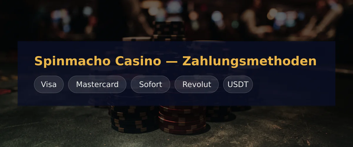 Spinmacho Casino — Zahlungsmethoden: Visa, Mastercard, Sofort, Revolut, USDT