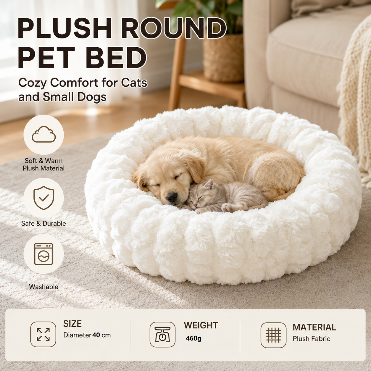 White 40cm with Heart-patterned jacquard Plush Round Pet Bed - Soft Donut Cat Bed, Warm Winter Dog Cushion for Anxiety Relief and Cozy Sleep, Durable Non-Slip Nest for Small to Medium Pets
