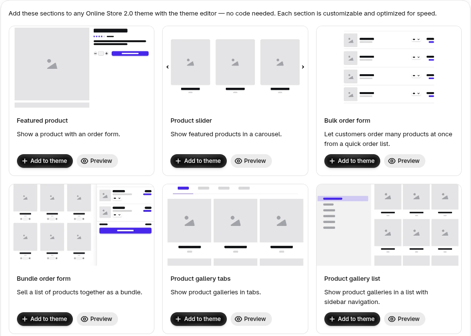 Hura theme sections: Featured product, Product slider, Bulk order form, Bundle order form, Product gallery tabs, Product gallery list