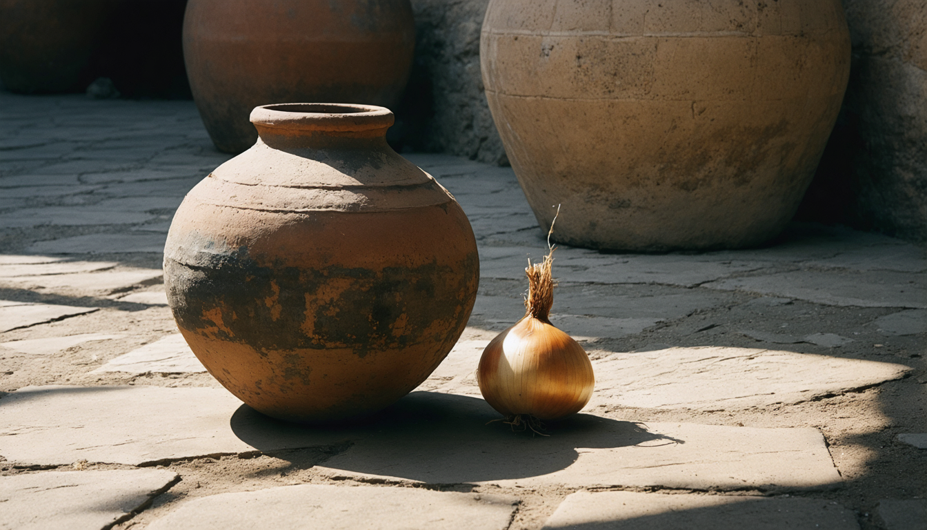 A weathered ceramic storage jar resting on sunlit stone paving, a single onion beside it, strong midday shadow.