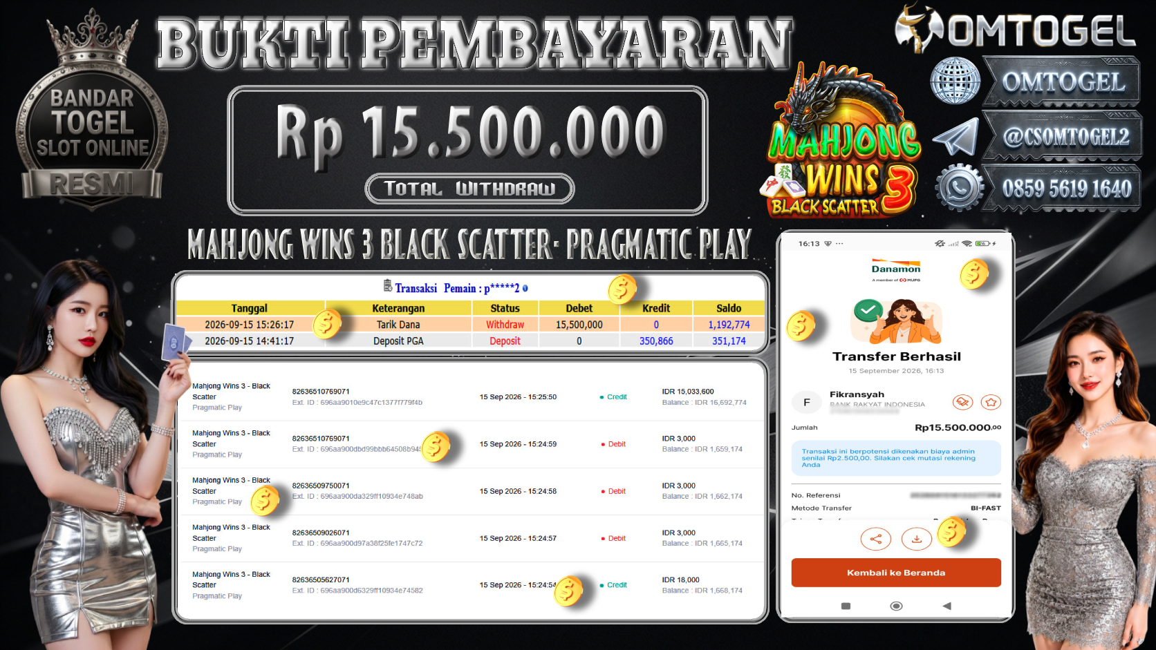 OMTOGEL JACKPOT PRAGMATIC PLAY MAHJONG WINS 3 BLACK SCATTER Rp.15,500,000,- DIBAYAR LUNAS