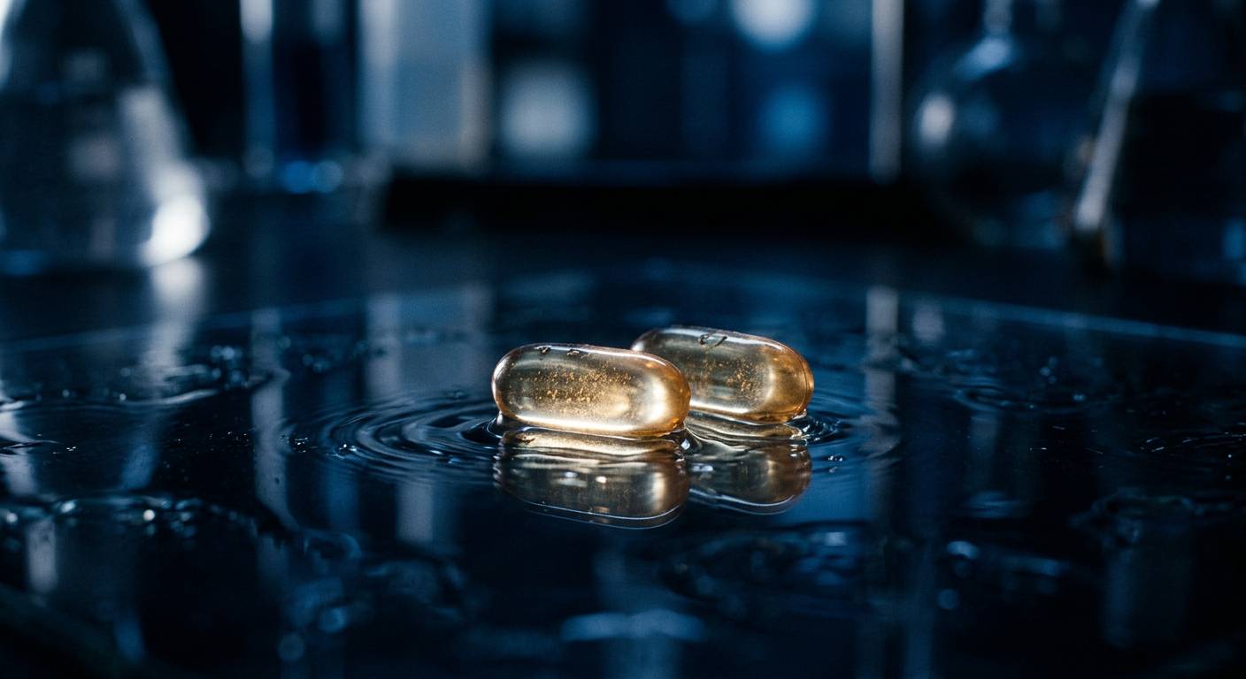 Zwei premium supplement kapseln auf dunklem glas.