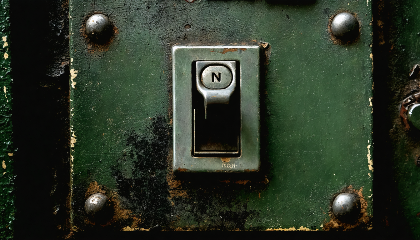 A toggle switch locked in the on position on a corroded panel — the decision that was never offered as a question.