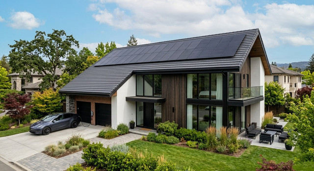 House with all-black solar panels