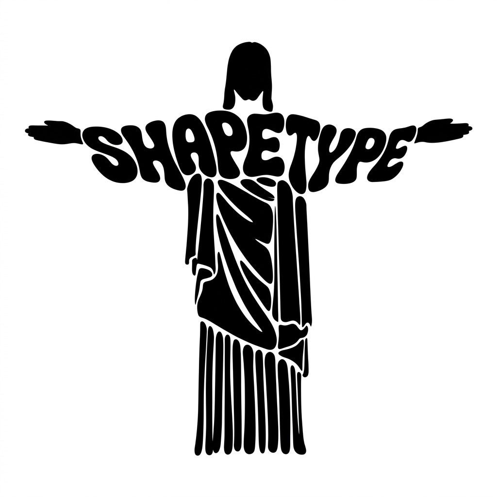 Arte tipográfica profissional da palavra SHAPETYPE formando a silhueta do Cristo Redentor em preto e branco com fonte arredondada em fundo branco sólido.
