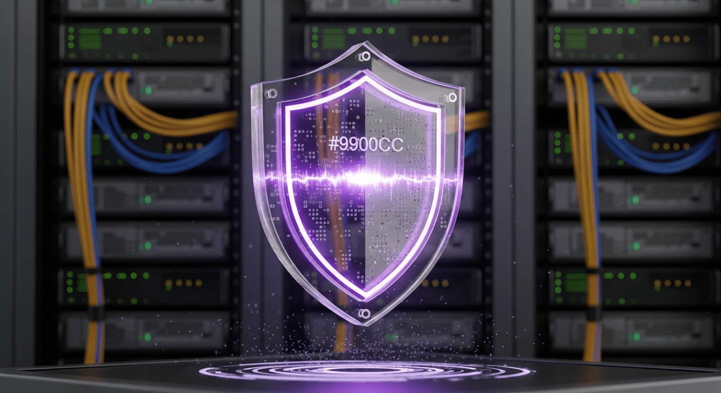 3D realistic render of a digital shield icon hovering over a server rack, representing website security and maintenance.
