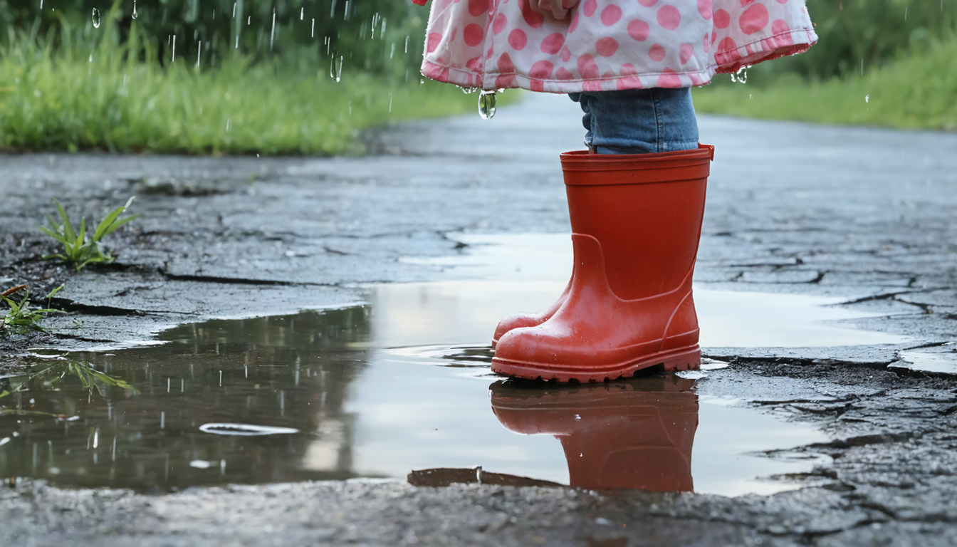 A child's rubber boot stepping into a shallow puddle on cracked asphalt, with no phone or screen visible, in soft overcast daylight.