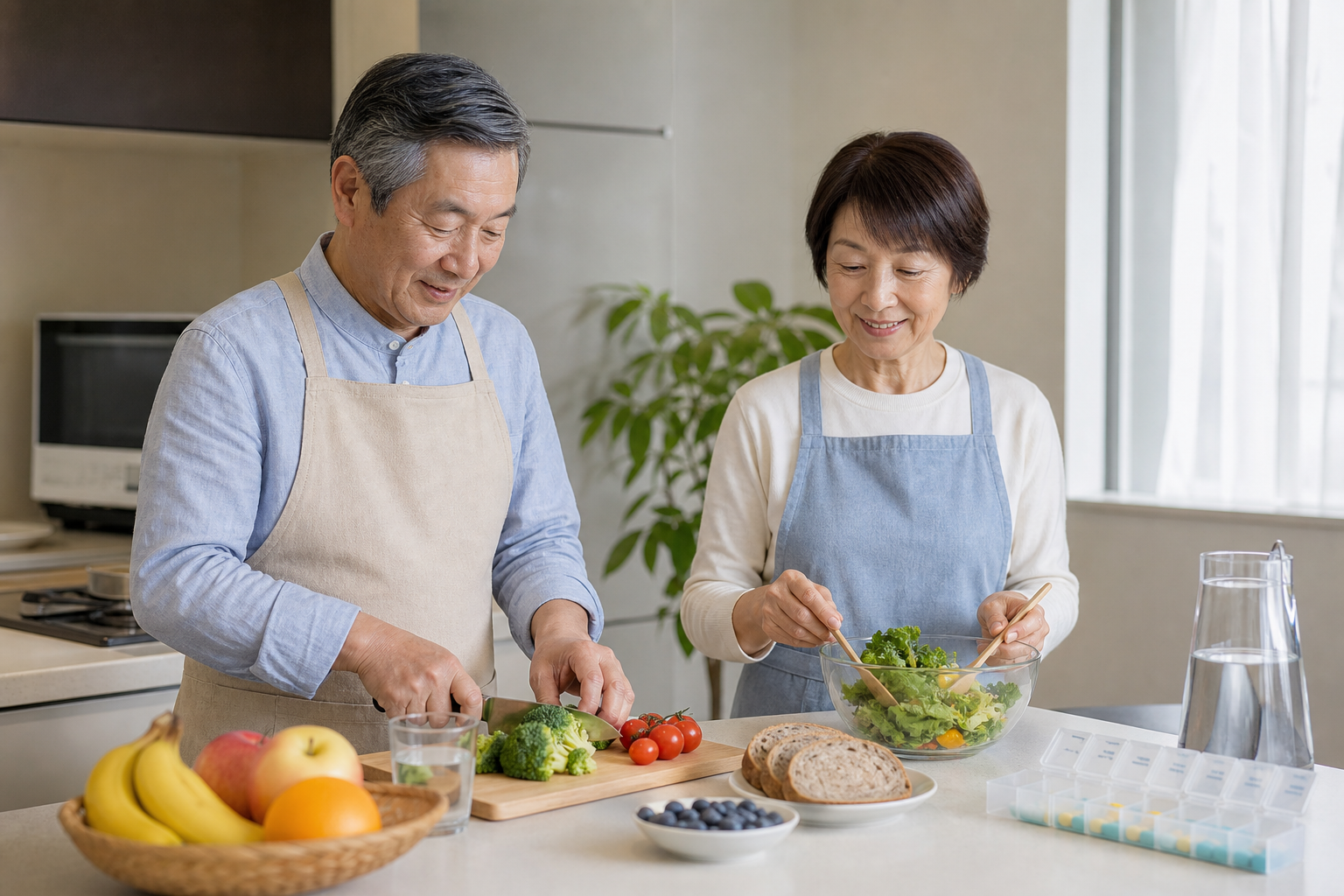 高齢の夫婦が野菜や果物と水分を用意する場面