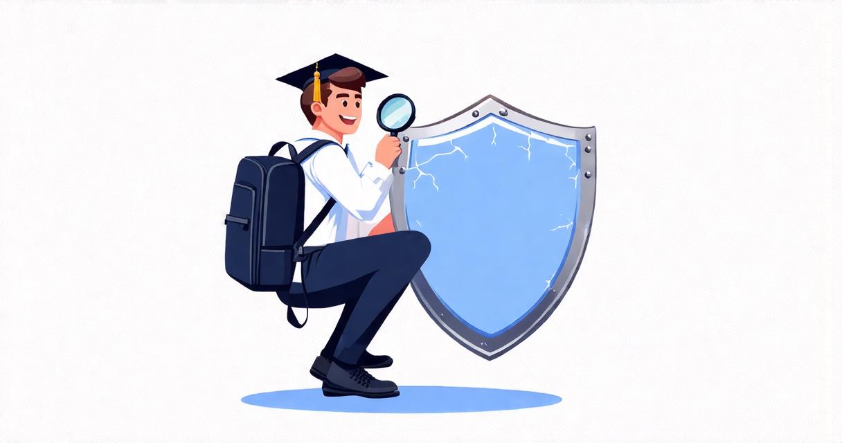 a bright-eyed young college graduate with a casual half-tucked shirt, a backpack slung over one shoulder, and an easy grin, crouched low and peering through a magnifying glass at cracks along the edge of their round shield