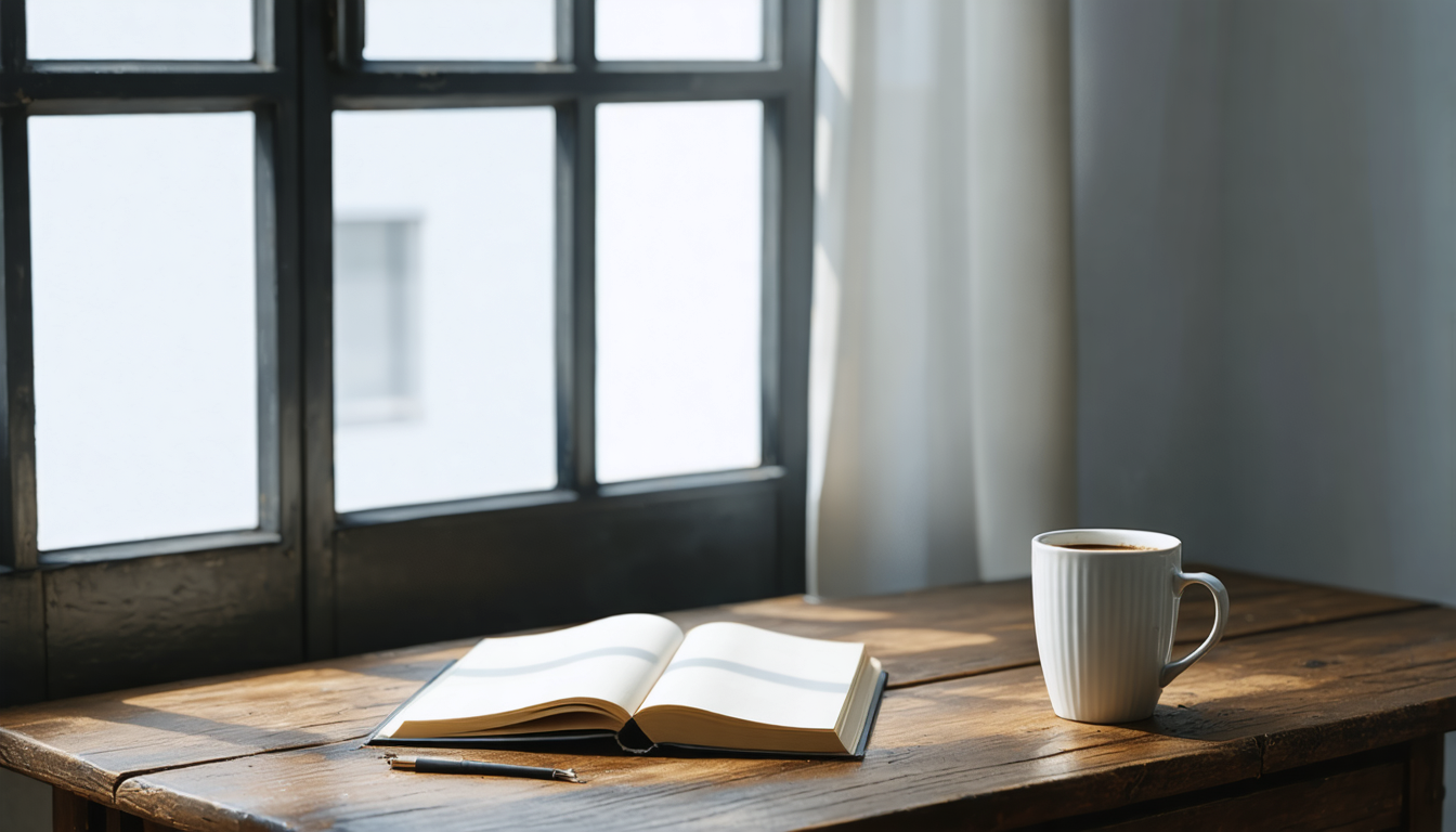 A solitary desk near a window at dawn with an open notebook and a cold cup of coffee, soft gray light falling across the pages.