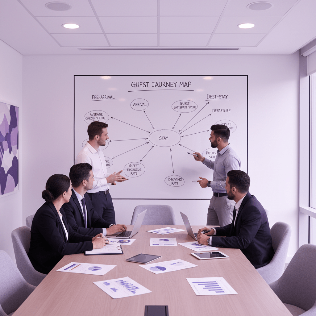 Hotel team mapping KPIs to guest journey on wall chart