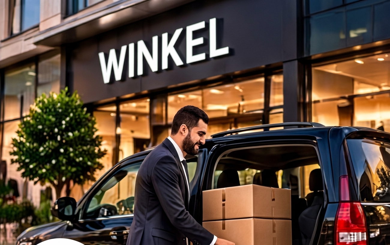 Chauffeur laadt dozen in een taxi bij een winkel
