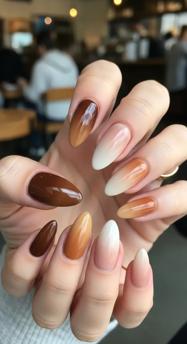 Coffee Skittle Gradient Almond Nails