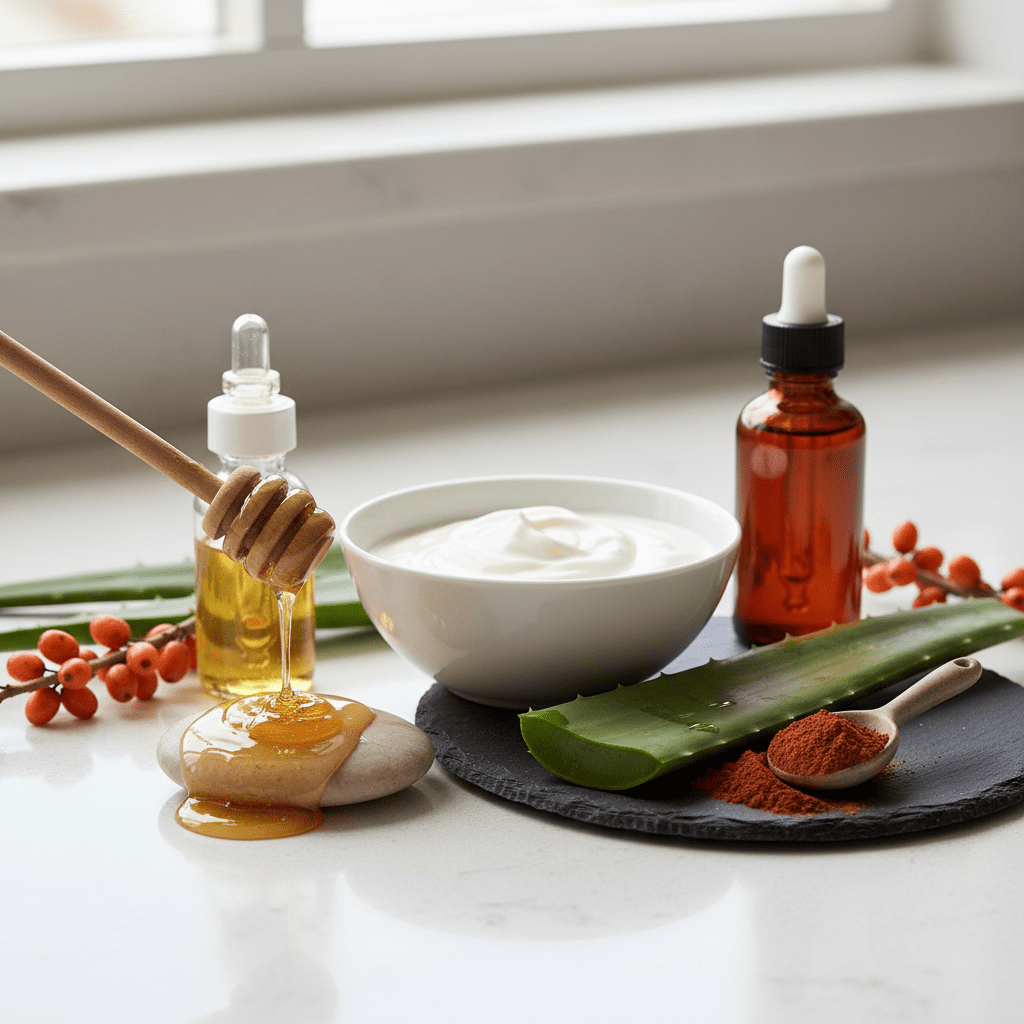 DIY skincare ingredients including honey, yogurt, clay, aloe, jojoba oil, and sea buckthorn oil