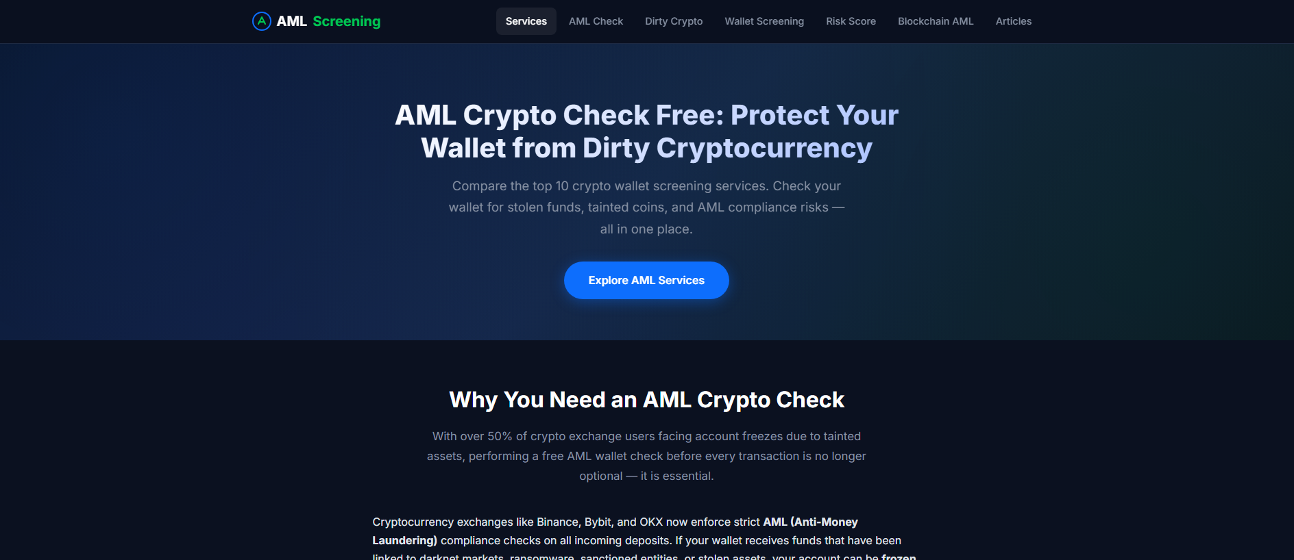 Forensic screenshot of amlscreening.center showing the phishing page layout