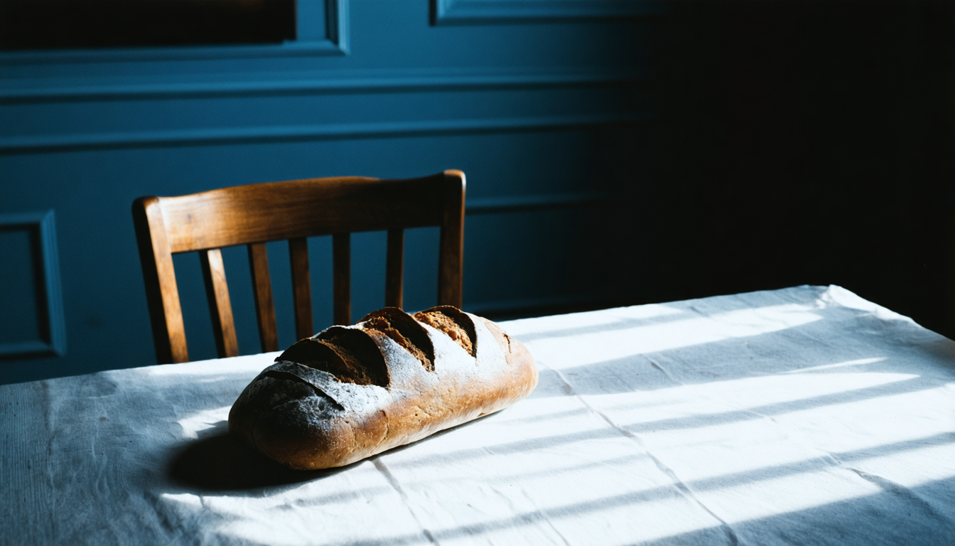 A single loaf of bread on a vast empty banquet table in a dim hall, one chair pulled out.