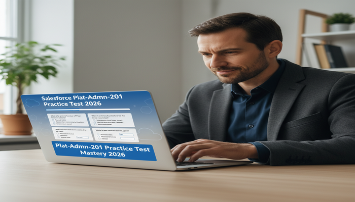 A professional adult confidently reviewing a high-tech digital practice test for Salesforce Plat-Admn-201, displaying 'Plat-Admn-201 Practice Test Mastery 2026' on screen, symbolizing strategic exam preparation and success.