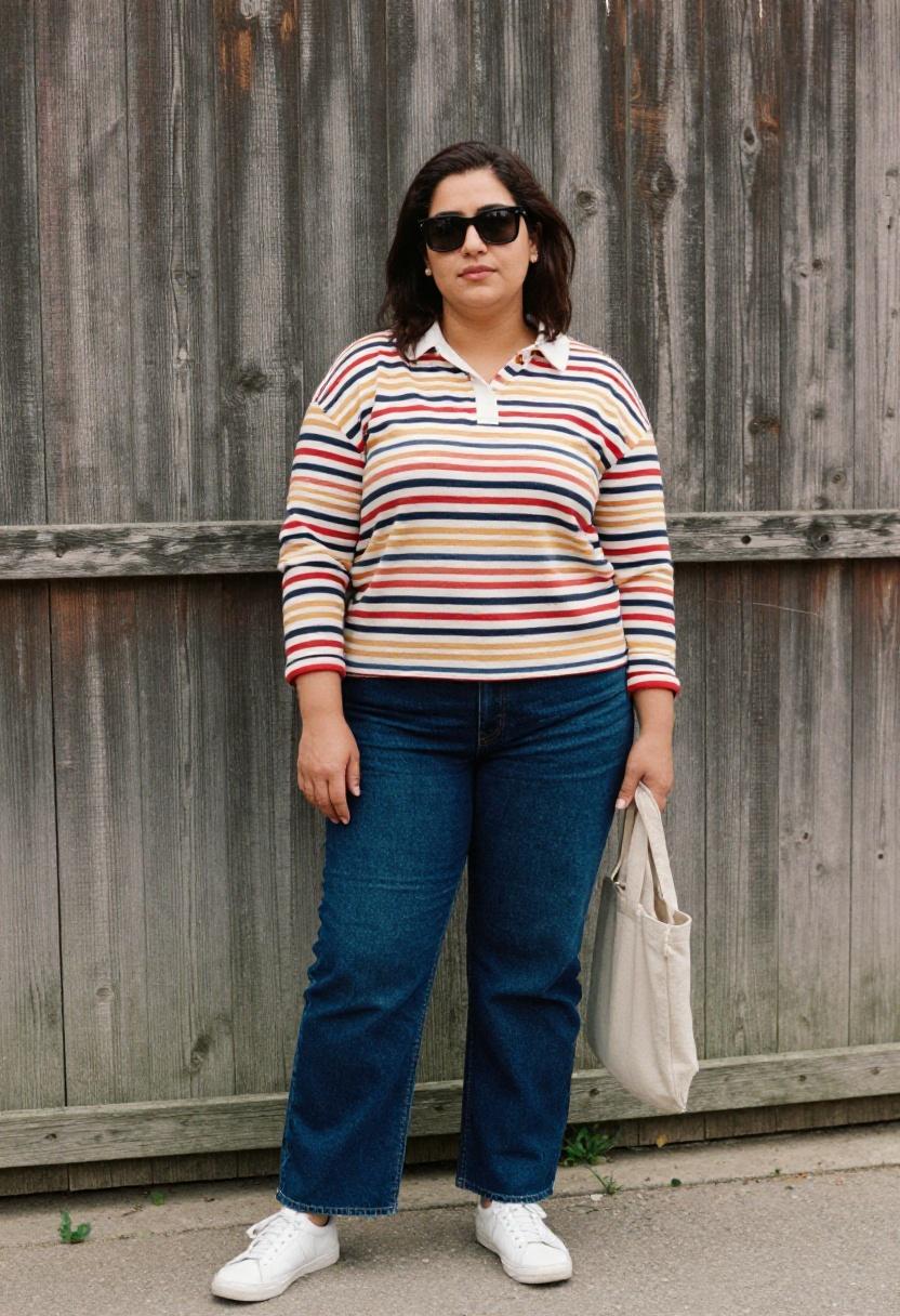 Horizontal-stripe polo over straight dark denim for curvy urban street style