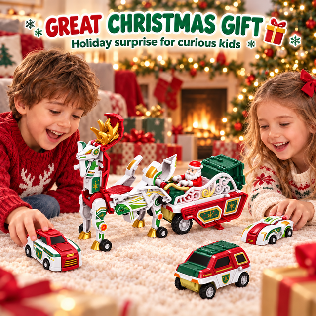 Two children playing with the three-car Christmas reindeer transforming toy set