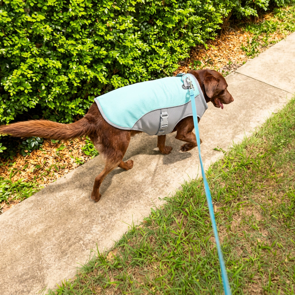Dog walking comfortably wearing Melcora cooling vest