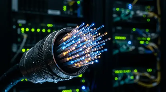 Glowing fiber optic cable ends transmitting blue and amber light pulses in dark server room