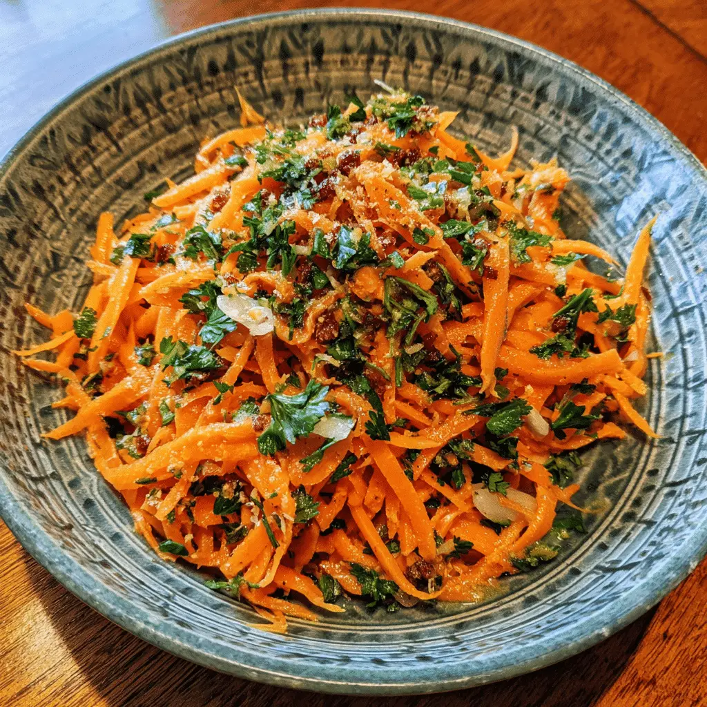 A colorful Moroccan carrot salad with lemon, cumin, garlic, and parsley, served as a refreshing side dish.