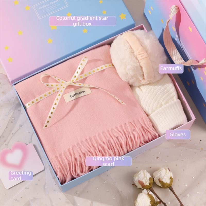 Pink and White Winter Scarf Gift Box Set for Women (Earmuffs, Gloves, and Scarf 3-Piece Set)- Soft Warm Scarf with Luxury Gift Packaging Birthday Present for Girlfriend Wife Daughter