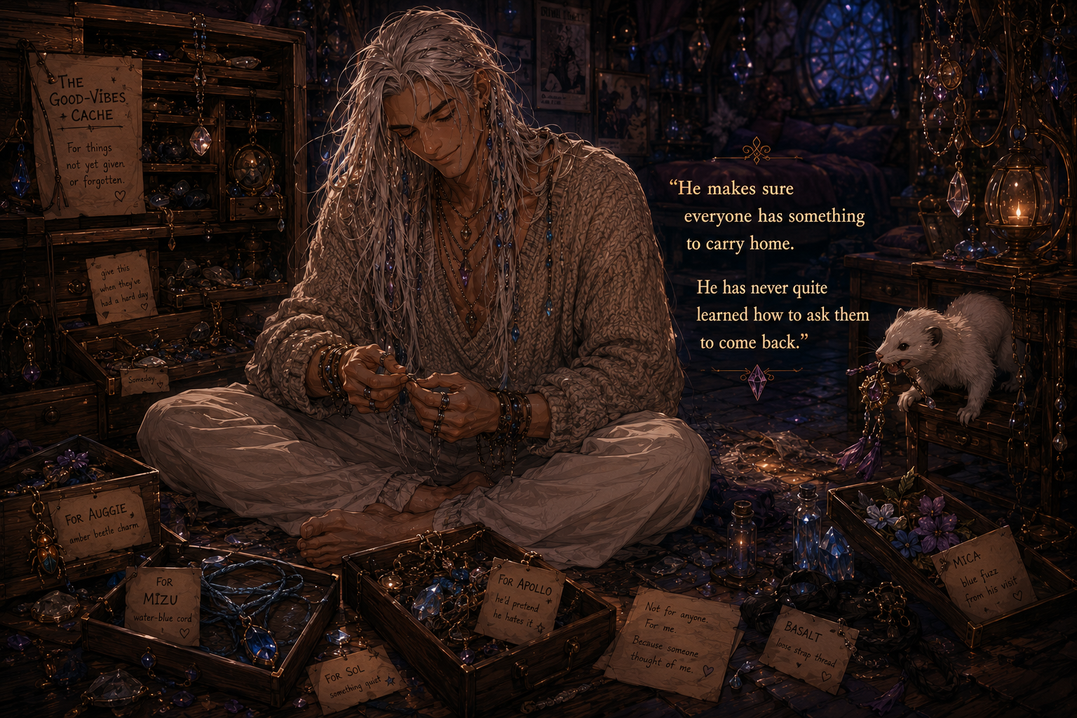 Landon sitting in the Good-Vibes Cache, surrounded by small gifts and labeled trinkets.