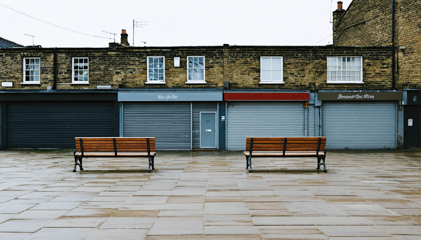 An empty English town square at midday, benches and a closed shopfront, soft overcast light, no people visible.