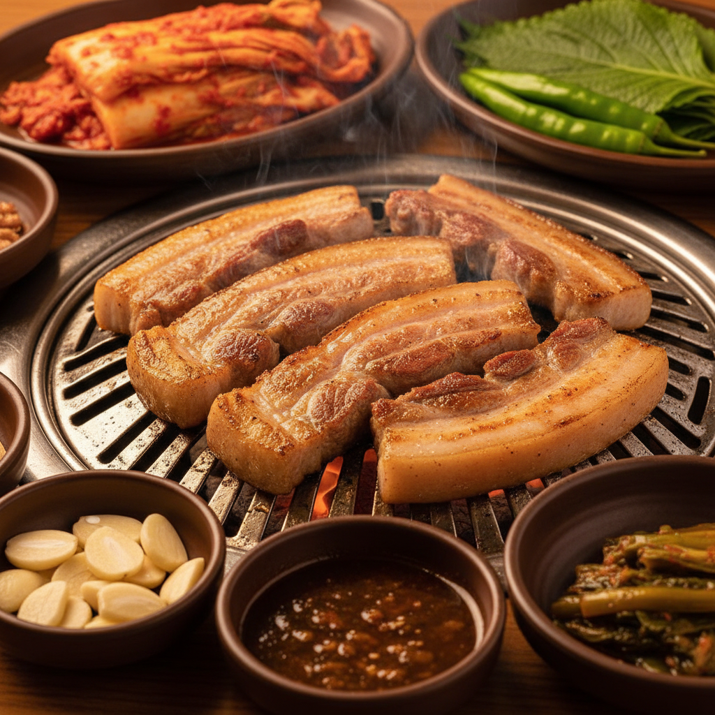 노릇노릇하게 구워진 제주 흑돼지 구이와 멜젓 소스
