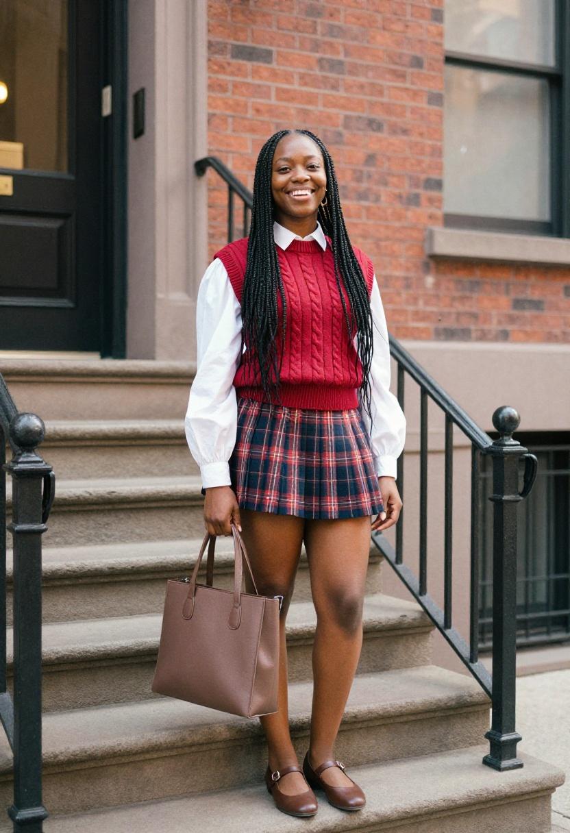Cherry red cable-knit sweater vest over puff-sleeve blouse and plaid mini skirt, cheerful preppy spring outfit