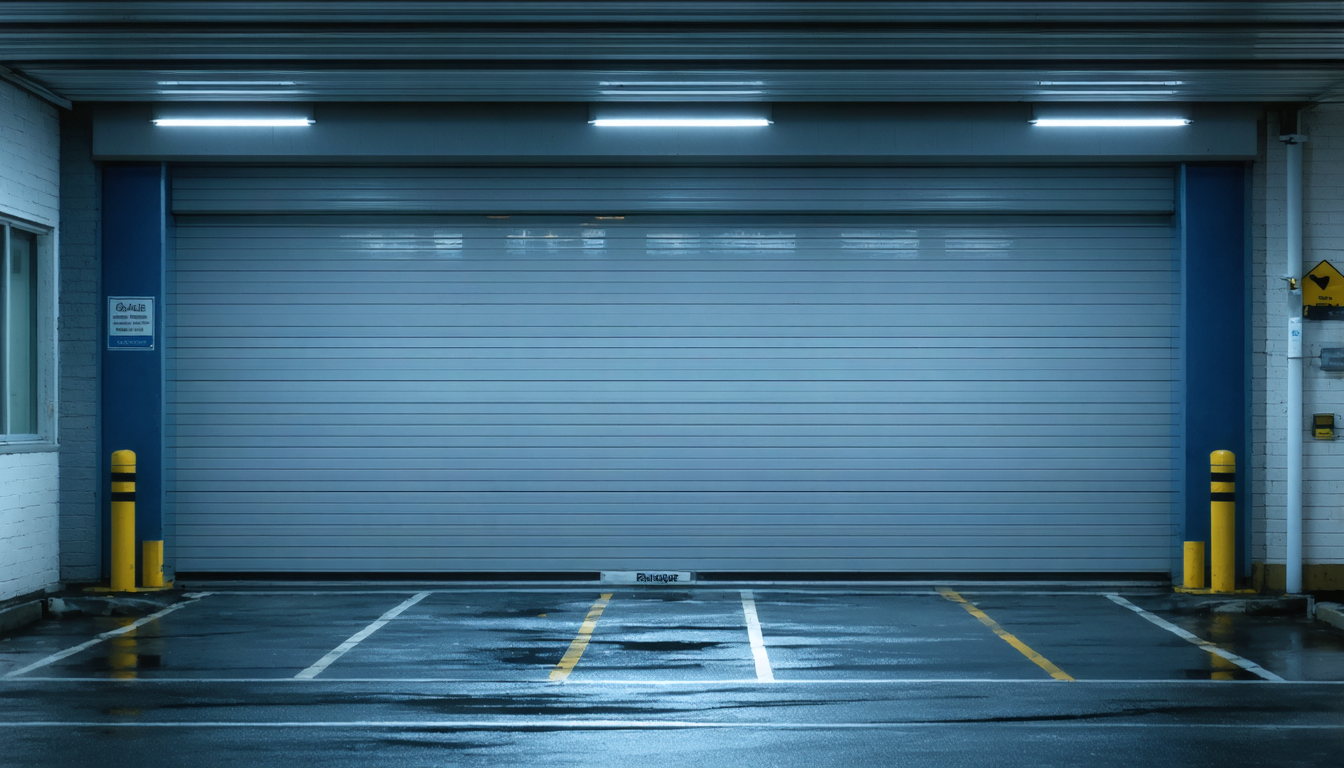 A closed metal gate in front of an empty car dealership lot at dusk, fluorescent lights reflecting off wet pavement.