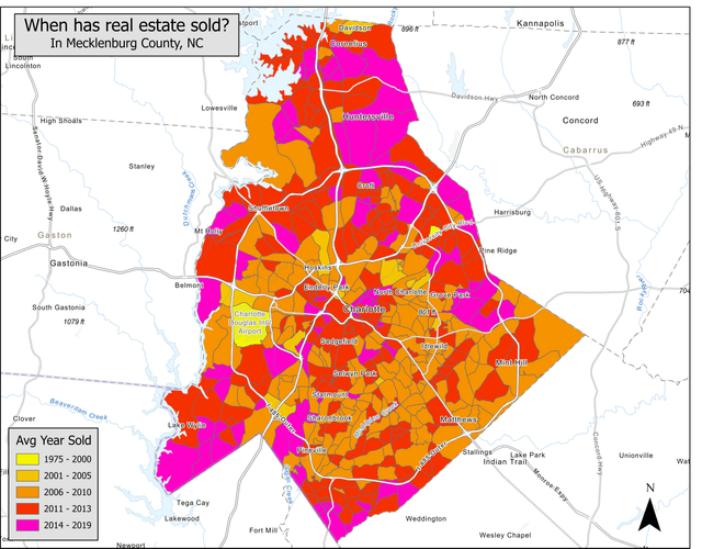 Average years parcels have been sold in Mecklenburg County, NC based on data available in tax parcel records as of 12/22