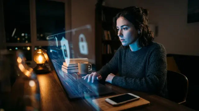 Person protectively hovering hand over laptop keyboard in moody blue-lit home office at night