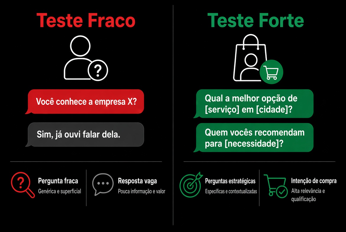 Comparativo entre teste fraco e teste forte para avaliar visibilidade nas IAs