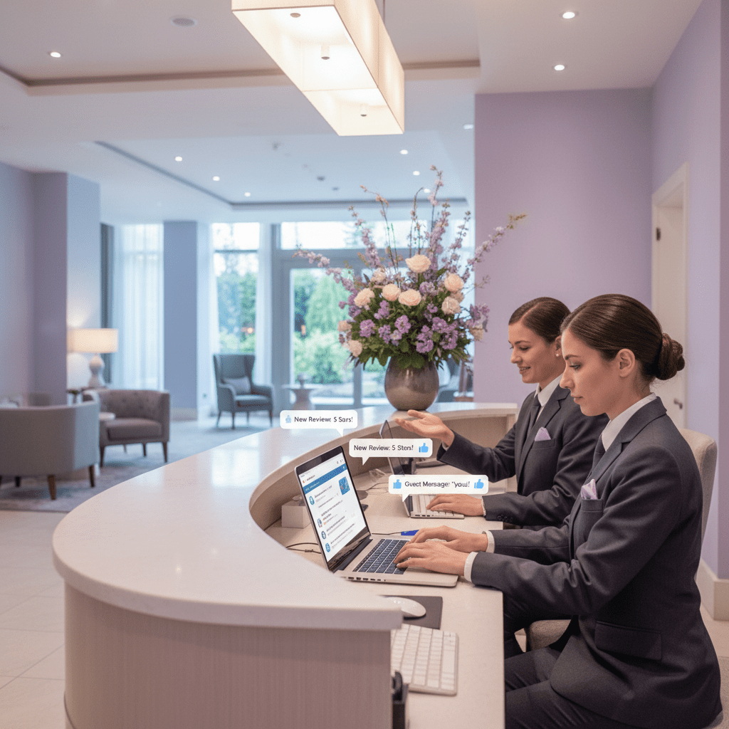 A hotel front desk team replying to guest messages on a laptop with review notifications